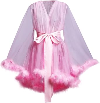 BPURB Womens Tulle Robe with Feather Photoshoot Bathrobe Illusion Wedding Gown for Party