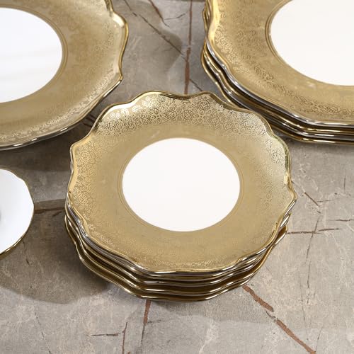 Image of Timeless Elegance Dinner Set, White & Gold, 18 Piece | Gold Plated, Porcelain Crockery with Scalloped Rim, For 6 People, 6 Dinner Plates, 6 Quarter Plates & 6 Veg Bowls, DSS04