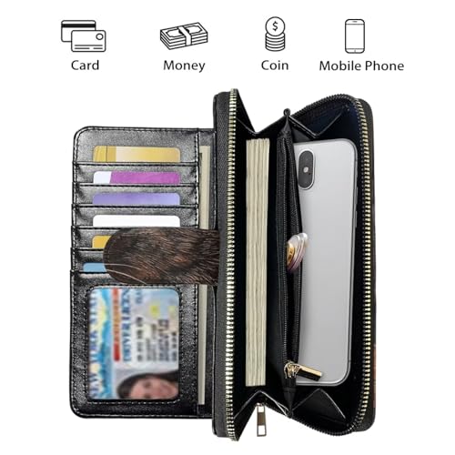 Image of COEQINE Ladies Wallets Pink Leopard Heart Black Printed Leather Phone Long Clutch Purses Check Coin Change Holder