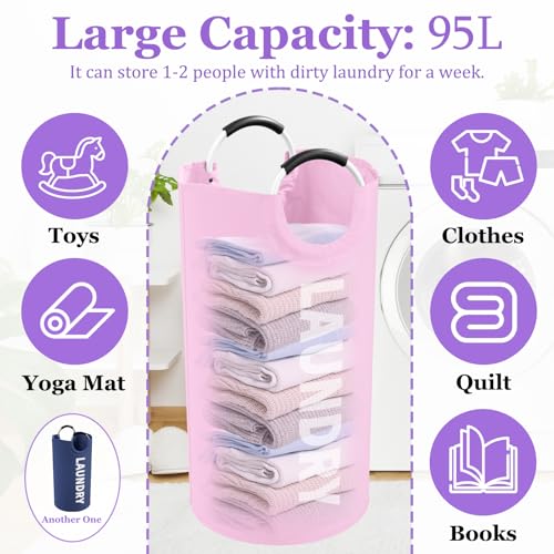 Image of 2Pcs Folding Laundry Basket for Adult, 95L Portable Laundry Baskets with Aluminum Handles, Multi-functional Dirty Clothes Hampers for Bedroom, Travel, Navy Blue + Pink