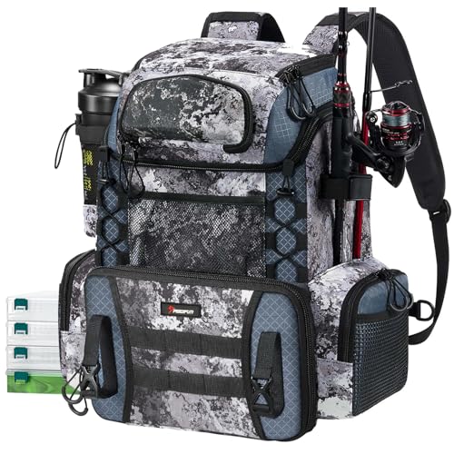 Piscifun Fishing Tackle Backpack with Rod Holders & 4 Tackle Boxes, 42L Outdoor Fishing Bag with Waterproof Rain Cover
