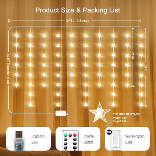 Holits DIDCL03B Star Curtain Lights Hanging Star Lights For Window 70 Stars String Lights For Wall Décor Usb Plug In 8 Modes Twinkle Fairy Lights thumb #1