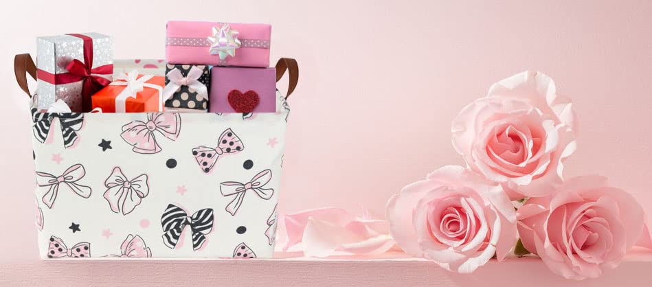 Image of Essme Rectangular Pink Basket ,Mother's Day Basket, Storage Baskets Organizer with Handles for Room Decor,Gift Bins.(Bowknot )