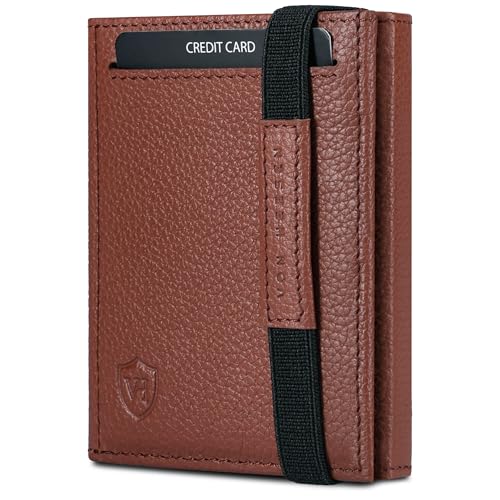 VON HEESEN Slim Wallet mit RFID Schutz - Geldbörse Herren klein - Mini Geldbeutel Damen Portmonee - Kartenetui Echtleder Karten Portemonnaie - Leder Kreditkartenetui Cognacbraun genarbt, Marrón Coñac
