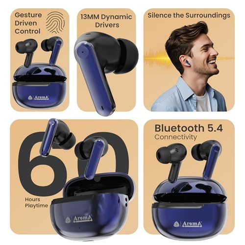 Image of AROMA TWS3 Vibe V5.4 True Wireless Earbuds, Midnight Blue | up to 60H Playtime, ENC, Fast Charging, Heavy Bass, Bluetooth
