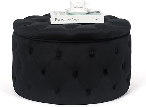 Miniatura 7 de Homebeez Otomana redonda de terciopelo de 248 pulgadas reposapiés con botones mesa de centro para sala de estar color negro