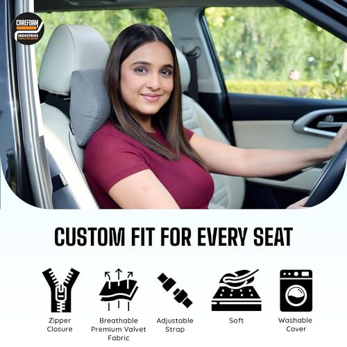 Image of CareFoam Ultimate Memory Foam Car Neck Rest Pillow, Comfortable Rides, Superior Neck Support Cushion, Relieves Neck Pain, Grey Velvet Cover | 14 x11 x5 Inch | Small Pack of 2