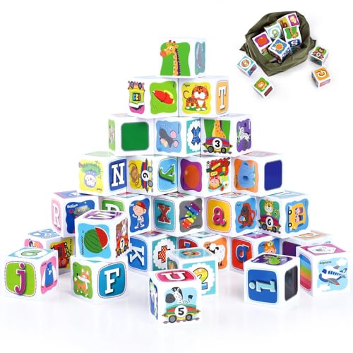 Image of PLAY ABC Building Blocks for Toddlers 1-3, 28 PCS Plastic Baby Alphabet Letters Number Stacking Blocks Set, Preschool Learning Educational Montessori Sensory Toys Gifts for Kids Girls Boys