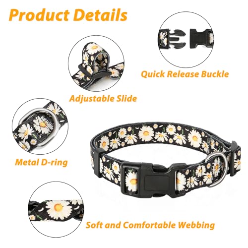 Image of HEELE Dog Collar, Adjustable Soft Dog Collar for Small Medium Large Dogs,Daisy Floral Patterned Puppy Collars with Quick Release Buckle Daisy Black L Length 15.94''-25.59'