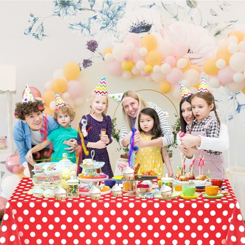 Image of WNINK 6 Pack Red and White Polka Dot Tablecloths - Disposable Plastic Waterproof Table Cover, 54 inch x 108 inch, for Birthday, Wedding, Bridal Shower, Bachelor Party, and Picnic