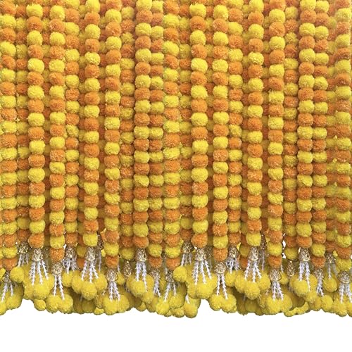 Image of DIYANA IMPEXMarigold Garland for Decoration 5 Pcs of 5 feet Long Strands Artificial Marigold Flowers with Bell, Indian Decor for Pooja /Diwali Decorations /Christmas (Mango + Yellow)