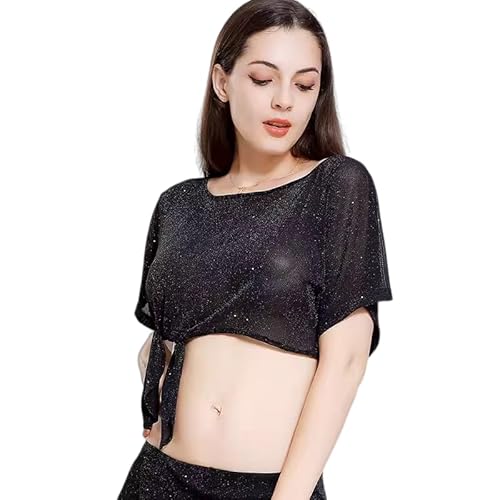 ONUYGCFH Women's Sparkling Belly Dance Crop Top Tribal Tie Top Going Out Tops Comfort Sleeve Bellydance Practice Costume,Black,L