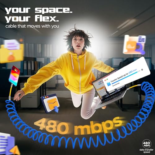 Image of Dubstep Fusion Flex 100W Coiled Type-C to Type-C Fast Charging Cable, 1.8M, 480Mbps Data, Knurled Metal Connector, Nylon Braided, PowerBlitz Technology (Blue & Yellow)