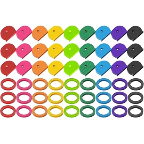 GoorDik 54PCS Key Caps Covers Tags, Plastic Key Color Identifiers for Standard Flat House Keys(Not Suitable for Odd-Shaped Keys), Key Coding Rings in 9 Assorted Colors, 2 Styles Cover
