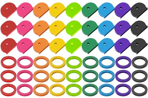 GoorDik 54PCS Key Caps Covers Tags, Plastic Key Color Identifiers for Standard Flat House Keys(Not Suitable for Odd-Shaped Keys), Key Coding Rings in 9 Assorted Colors, 2 Styles