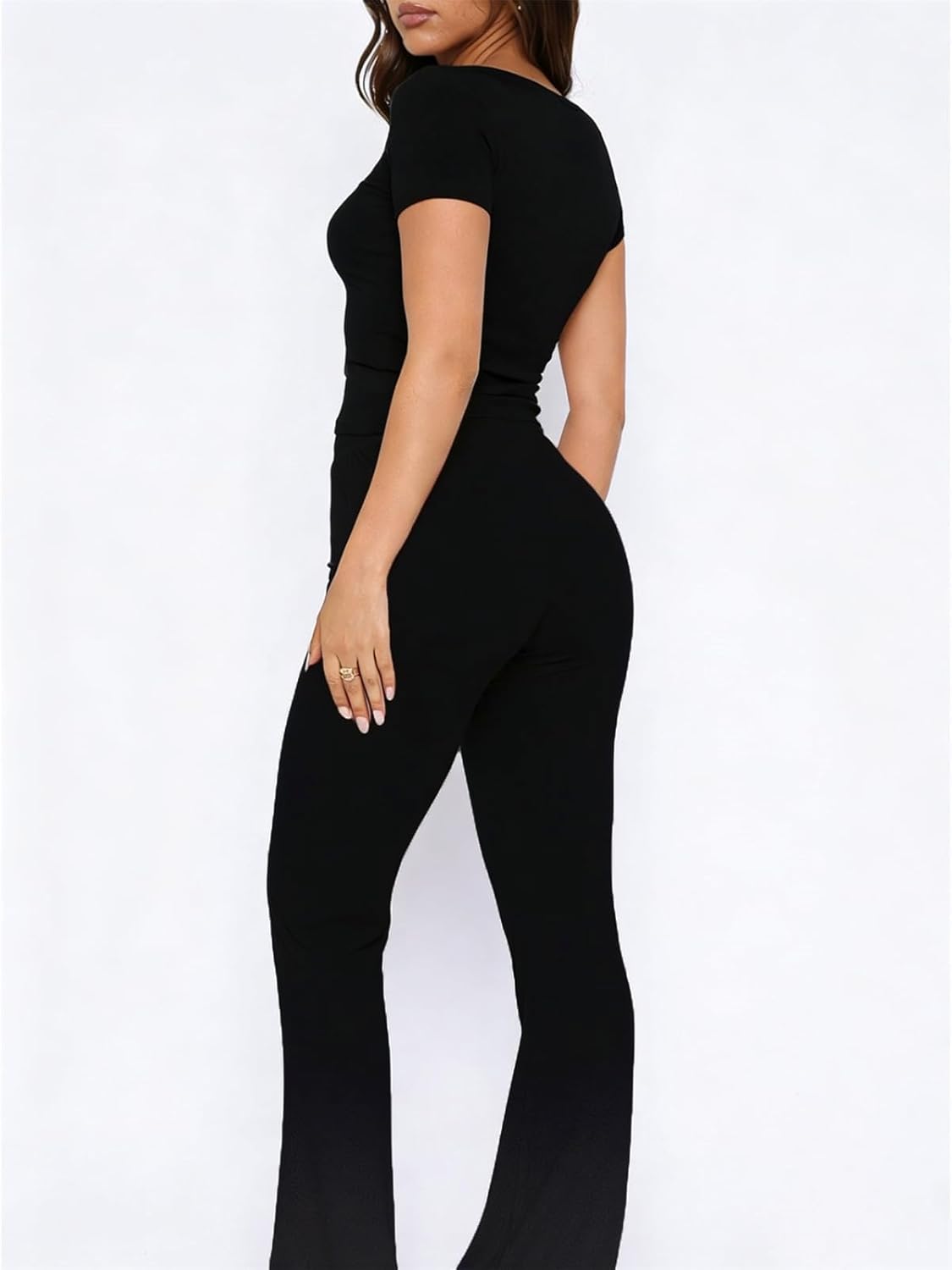 ForeFair Women's Ribbed Knit 2 Piece Pajama Set Short Sleeve V Neck Button Crop Top And Flare Long Pants PJ Set Sleepwear - Image 3