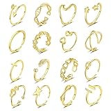 KAERUN 16 Pcs Gold Adjustable Rings Set for Women Plated Stacking Rings Set for Women Vintage Adjust