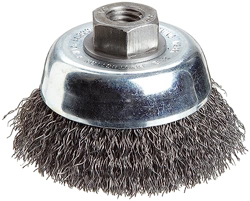 Image of Weiler 36032 Vortec Pro 3 inch Crimped Wire Cup Brush, .014 inch Steel Fill. 1 /2 inch-13 UNC Nut, Made in the USA