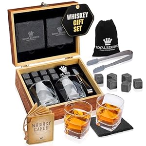 Whiskey Stones Gift Set by Royal Reserve, Artisan Crafted Scotch Bourbon Glasses, Chilling Rocks, Coasters and Tongs – Whiskey Gifts for Men Dad Boyfriend Anniversary or Retirement