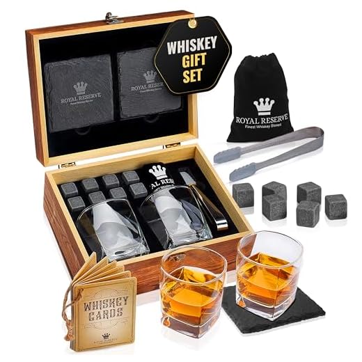 Whiskey Stones Gift Set by Royal Reserve, Artisan Crafted Scotch Bourbon Glasses, Chilling Rocks, Coasters and Tongs – Whiskey Gifts for Men Dad Boyfriend Anniversary or Retirement