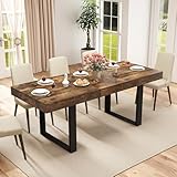 Zevemomo 63'-78.7' Expandable Dining Table, 6-10 Farmhouse Kitchen Table, Extendable Dining Table, Rectangular Kitchen Table with Metal Track, Tapered U-Shaped Leg for Dining Room,Office-Rustic Brown