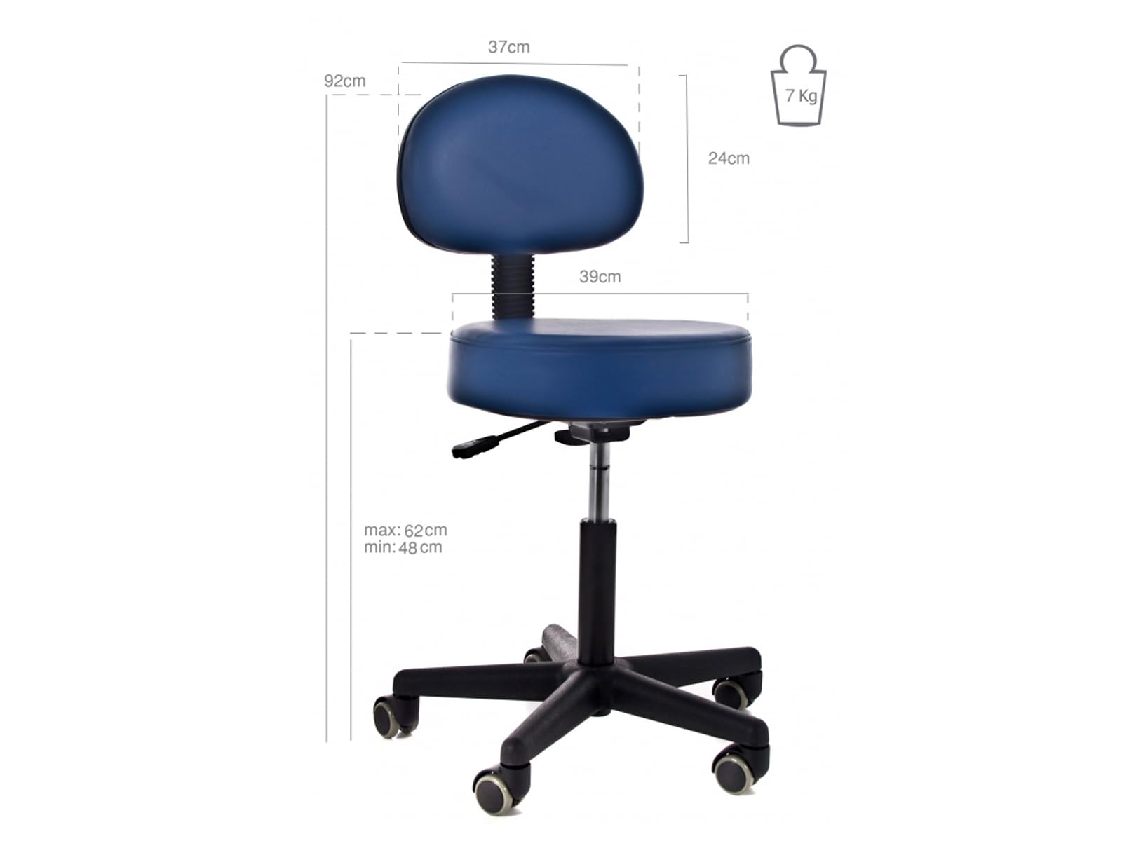QUIRUMED Taburete con Respaldo, elevación a Gas, con 5 Ruedas, Color Negro, tapizado en Polipiel, Relleno de Alta Densidad, Altura Regulable, hasta 135 kg