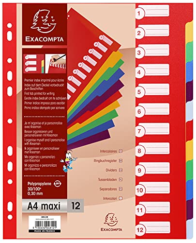 EXACOMPTA Jeu de 12 intercalaires polypro 3.5/10è format maxi A4+