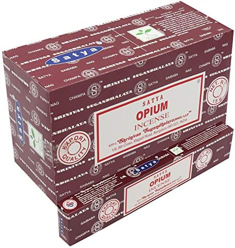 Sharvgun Satya - Paquete de 12 varillas de incienso con fragancia de opio, aroma para el hogar, aromaterapia, 0.53 oz x 12 unidades (6.35 oz)