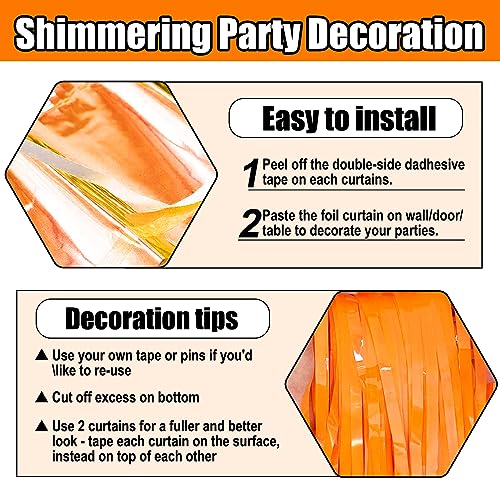 Image of 6 Pack Orange Foil Fringe Curtain Backdrop, 3.28Ft x 8.2Ft Metallic Tinsel Foil Fringe Streamer Curtains for Photo Booth, Christmas Day, Thanksgiving, Wedding, New Year Party Decorations