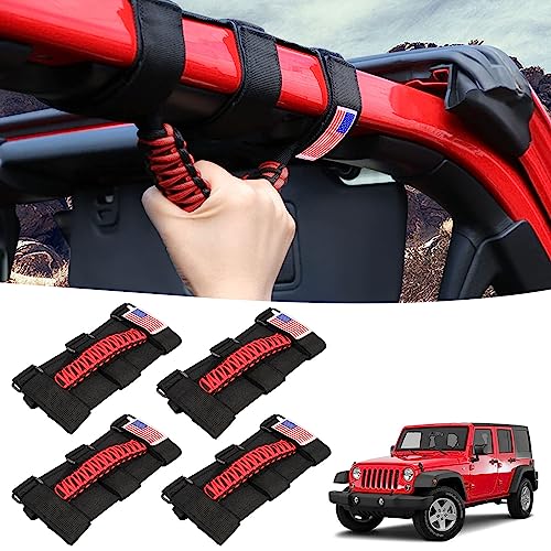 GAIZON 4 Pack Grab Handles Paracord Roll Bar for Jeep Wrangler Accessories CJ YJ TJ JL JK LJ JLU JKU Sahara Freedom Rubicon,Gladiator JT 1955-2023 Interior Accessories with America Flag(Red)