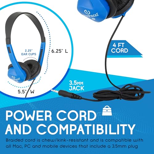 Image of Egghead Heavy-Duty Kids' Stereo Headphones with Padded Ear Cups and 4' Cord, Adjustable Tangle-Free Stereo School Headphones, Pack of 20, Blue