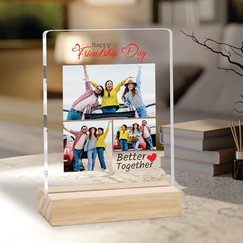 Image of Giftplease Customized Friends Plaque with Wooden Stand | Personalized Photo Frame with Quote | Best Friend Birthday Gift, Farewell Gift, Friendship Day Gift for BFF Keepsake Room Decor FR 10