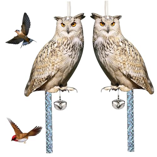Búho espantapájaros de jardín impermeable con cinta disuasoria y campana pack de 2 piezas 3