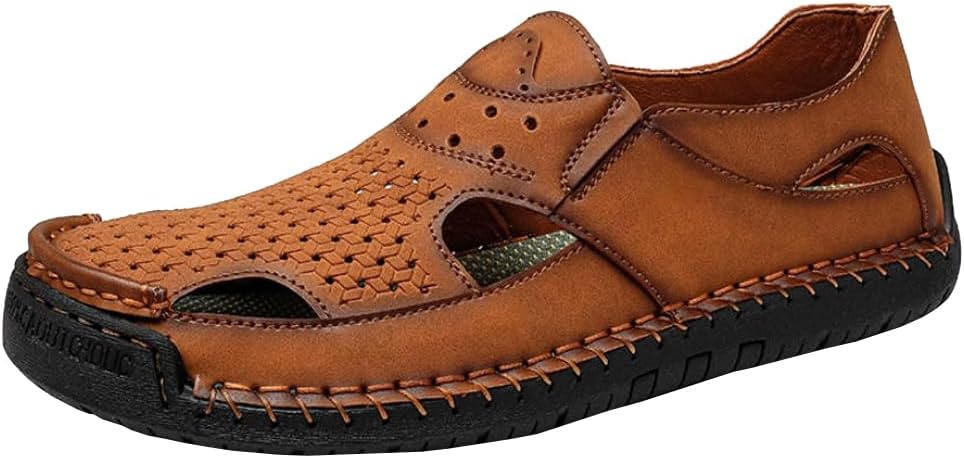 Men closed toe breathable hollow slip on leather sandals for outdoor casual walking with rubber soles