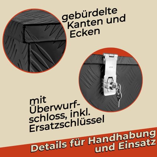 Trucky Deichselbox Schwarz Werkzeugkasten Truckbox Alu Box Anhänger Kiste mit Deckel Abschließbar Alubox Transportbox Werkzeugbox Aluminium Aufbewahrungsbox D015