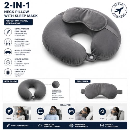 Image of Travel Neck Pillow for Adults, Fiber Filled U-Shaped Neck Support Pillow with Button Closure, Soft Plush Neck Cushion for Airplane, Car, Office & Travel (Grey)