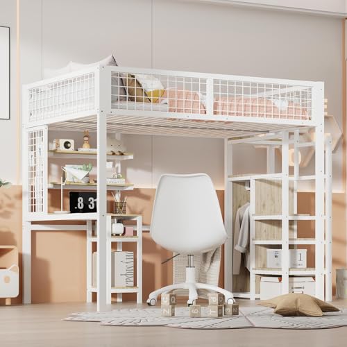 Lit Mezzanine Enfant PUGSDRLY 90x200cm - Avec Escalier, Rangement Et Armoire, Gris
