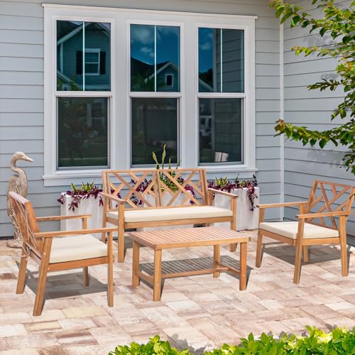 Werph Outdoor Patio Furniture Set, 4 Piece Patio Sofa Bench and 2 Single Sofa Chairs with Table & Padded Cushions, Acacia Wood Outdoor Patio Lounge Conversation Set for Deck Backyard Balcony