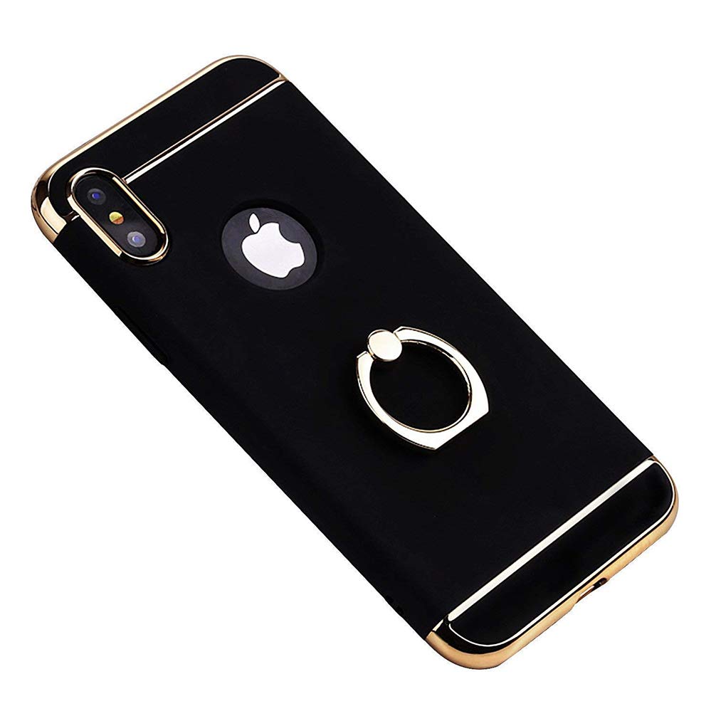 iPhone XR 3 in1 Back Case, Anyos Ultra-Thin Electroplate Hard Plastic Cover Case with Ring Holder for Xr 6.1 inch (Black)