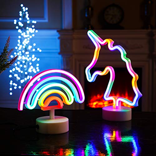 Honoson 2 Pieces Rainbow Neon Sign, Unicorn Neon Light Sign Set Battery Or Usb Operated With Holder Base Cute Neon Night Light For Girls Room, Birthday, Wedding, Party, Christmas #TOP6