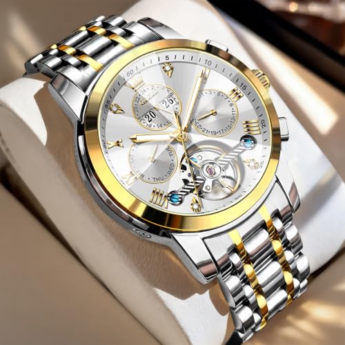 Image of OLEVS Men's Automatic Watch Batteryless Waterproof Mechanical Self Winding Stainless Steel Dress Luxuxry Wrist Watch with Tourbillon, Day-Day-Year & Chronograph Gift for Him Relojes de Hombres