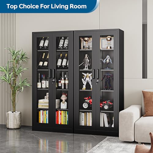 Display Storage Cabinet with Glass Door, 71 Inches Metal Curio Cabinet with 4 Adjustable Shelves, Locking Glass Display Case for Home, Office, Clinic, Pantry, Assemble Required (Black)
