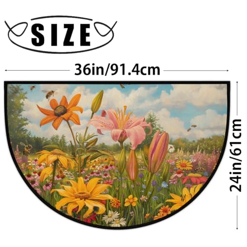 Image of cfpolar Half Round Door Mat Vintage Floral Non-Slip Semi Circle Area Rug Washable Half Moon Hearth Rugs for Indoor Outdoor Bathroom Kitchen Patio Runner Mat Laundry Room Home Decoration