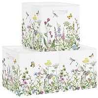 Clastyle 3 pcs Flowers Cube Storage Unit Boxes Foldable Kallax Box for Shelves Parents Storage Baskets for Book Clothes Toy Organizer,Green,11.8x11.8x11.8 in