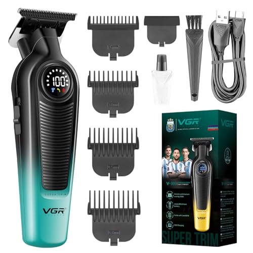 VGR 996 Konturen Haarschneidemaschine Profi Kabelloses Trimmer Herren mit 7000 U/Min Turbolader Barttrimmer Herren mit Keramisch Titanbeschichteten Klingen LED Anzeige und USB Ladefunktion Grün