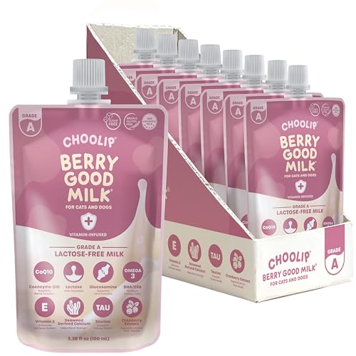 Choolip Berry Good Milk for Cats & Dogs Lactose-Free Pet Milk Pouches Vet-Formulated Hydrating Drink with Cranberry CoQ10 Glucosamine & Omega-3 (100mL x 8 Pouches)
