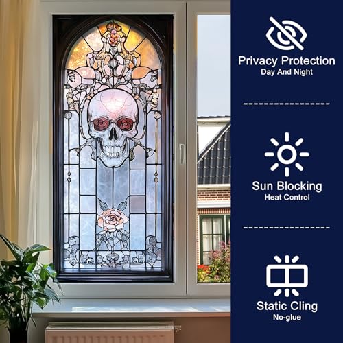 HOMETITUTE ゴシック スカル ローズ プライバシー ウィンドウフィルム ステンドグラス 装飾 粘着 ガラスドアと窓用 ハロウィン 死者の日 PVCパネル 17.7x39.3インチ 屋内 ホーム オフィス 装飾 [2]