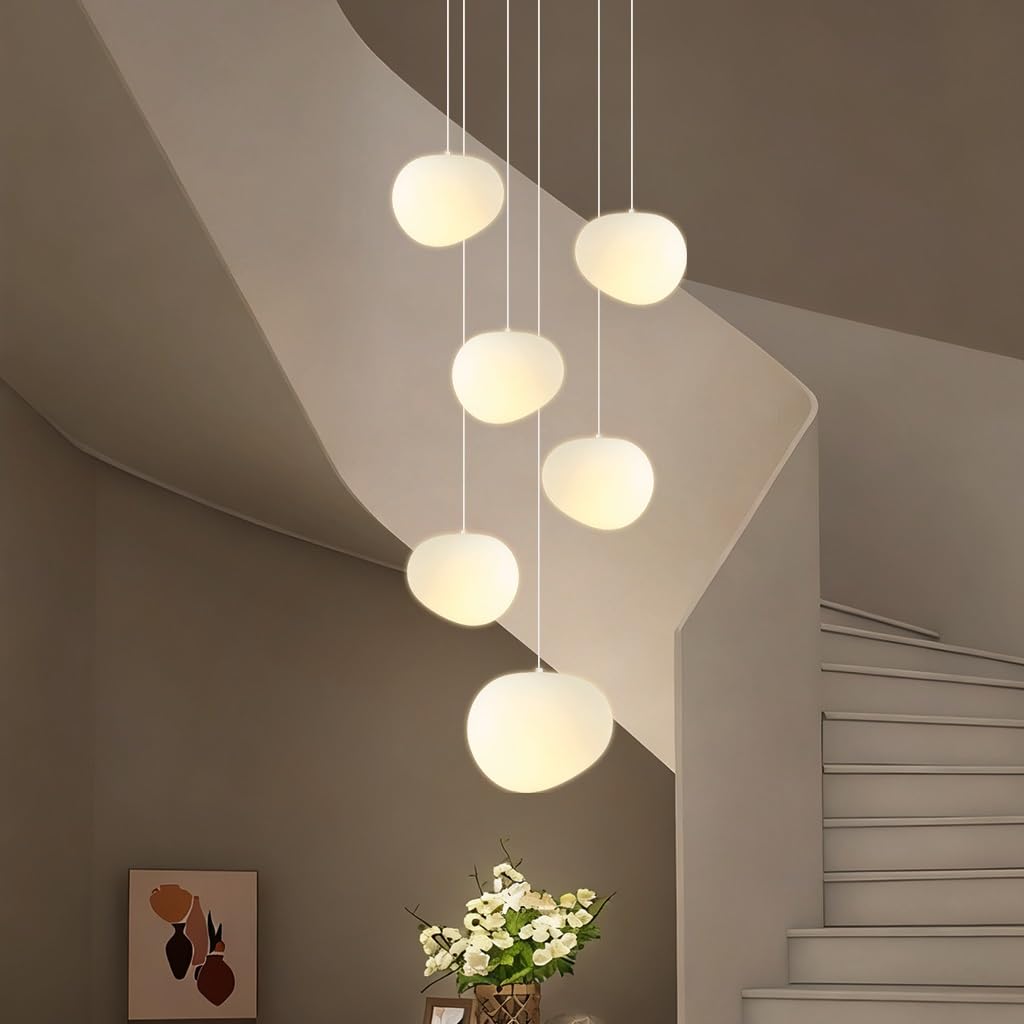 HYQJUNE Modern E27 Hanging Lamp Pebble Pendant Lamps Living Room Lights PVC Lampshade Staircase Pendant Lights Xuanguan Bedroom Dining Room Kitchen Lamp Height Adjustable Lamps(Warm Light,6-Head)