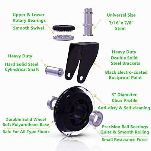 Miniatura 5 de 8T8 Ruedas giratorias para silla de oficina de 2.5 pulgadas, ruedas giratorias resistentes con vástago emergente, rodamiento silencioso y suave, no