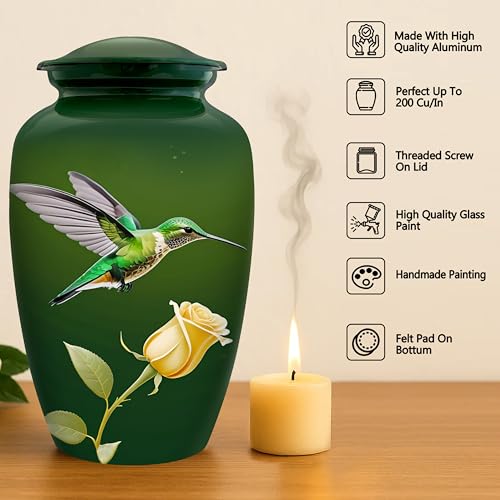 Image of Hummingbird Cremation Urn for Adult Human Ashes - Handcrafted Large Funeral Urn - Decorative Memorial Urn with Peaceful Floral Design for Men or Women, 200 Cu /in